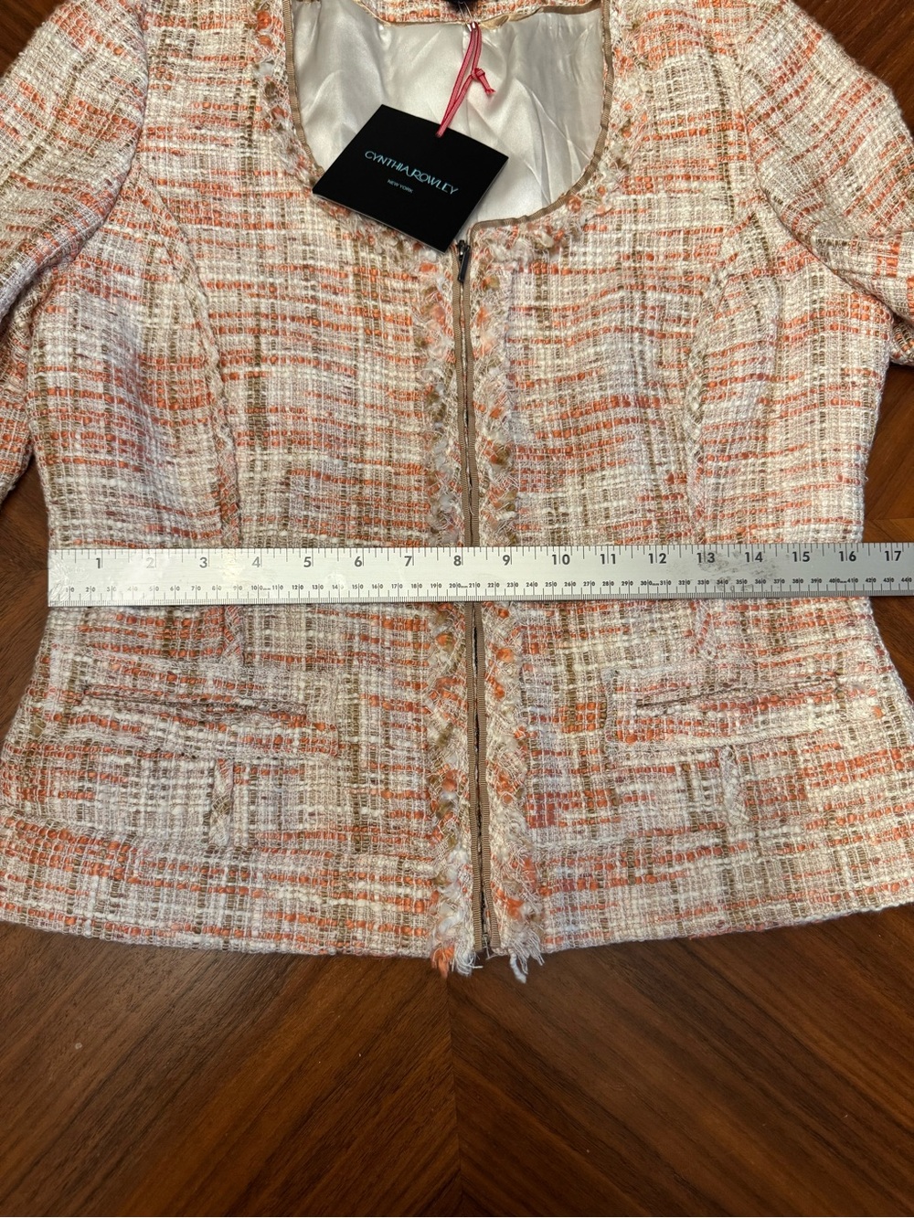 Cynthia Rowley Coral Cream Tweed Bouclé Fringe Zip Jacket Blazer - Picture 11 of 15